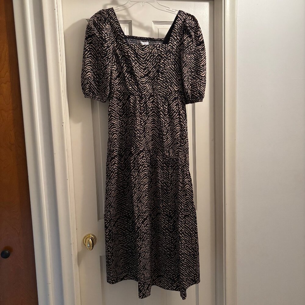 MANGO Puff Sleeves Cotton Dress Size XS Black/Tan print